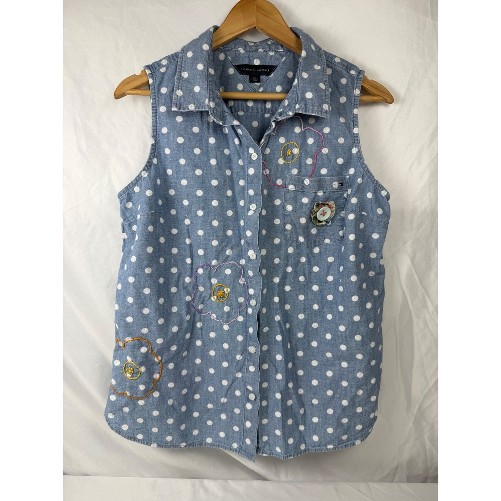 Tommy Hilfiger Womens Polka Dot Chambray Sleeveless Shirt Blue Floral Large